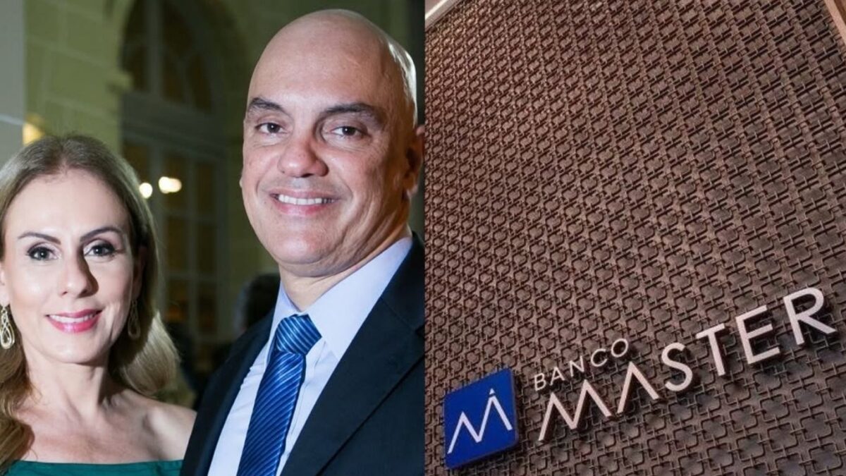 Foto de Alexandre de Moraes e sua esposa Viviane Barci de Moraes ao lado da fachada do Banco Master, ilustrando a matéria sobre o contrato de R$ 129 milhões.