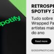 Imagem promocional com o logo verde do Spotify em destaque sobre fundo preto e verde, representando a Retrospectiva Spotify 2025 e o Wrapped Party.