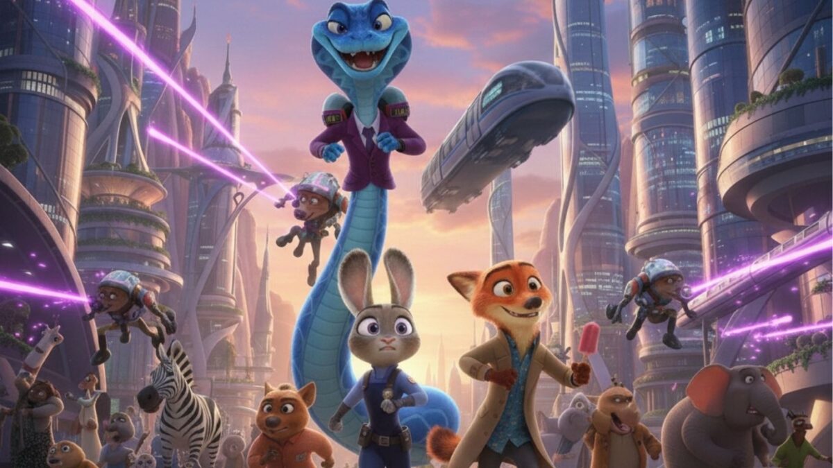 Cena de Zootopia 2 mostra personagens principais correndo por uma cidade futurista, com novos desafios e visual tecnológico