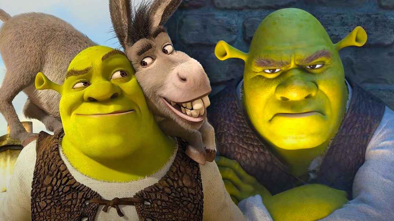 Comparação visual entre Shrek 1 e Shrek 5 mostrando evolução da animação da franquia