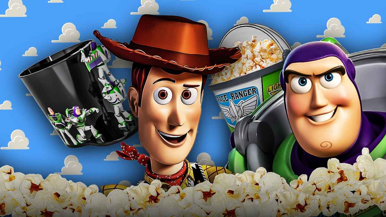 Balde de pipoca colecionável do Toy Story 5 com design temático do filme